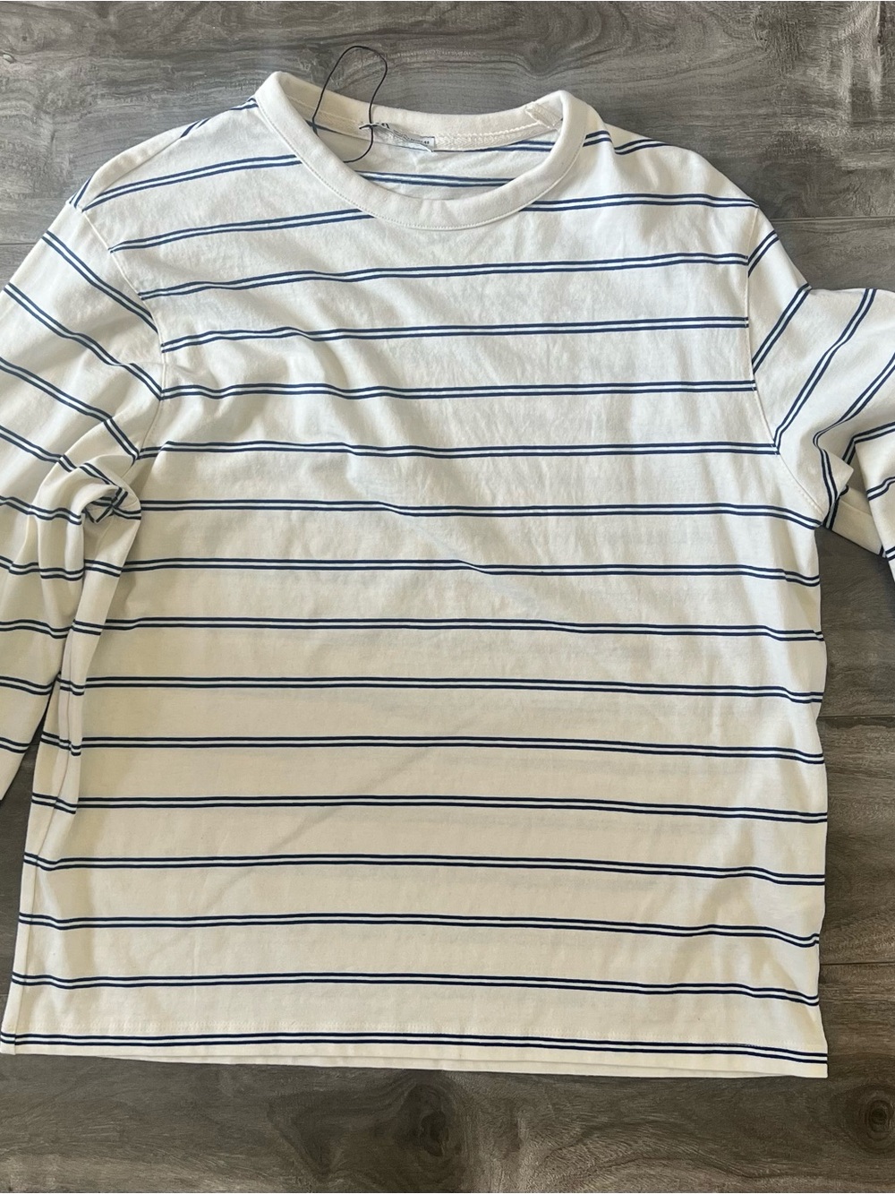 Zara White Long Sleeve Crewneck Shirt with Navy Stripes